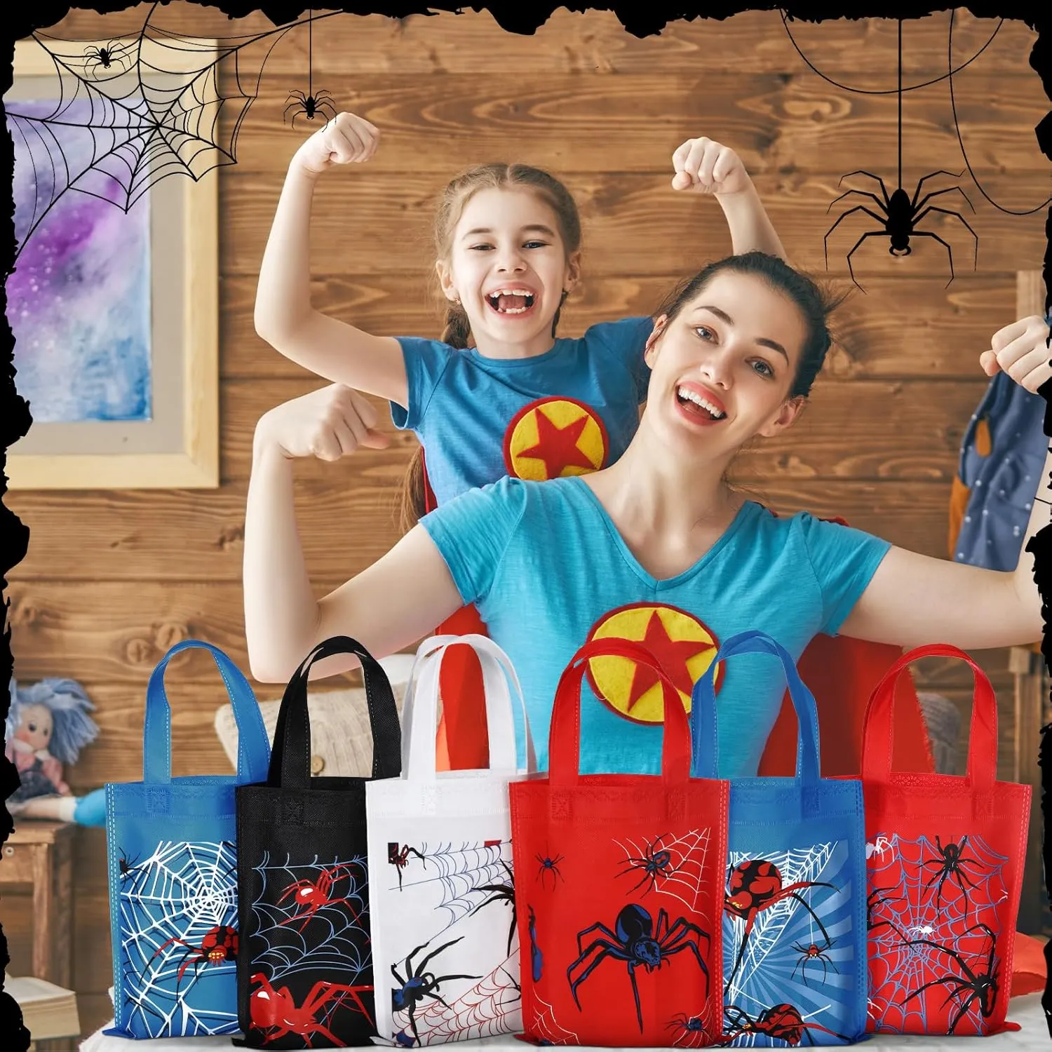 Kacctyen 36 Pack Spider Party Favor Gift Bags Non Woven Reusable Goody Treat Bags with Handles Spider Web Themed Birthday Party Supplies, 6 Styles