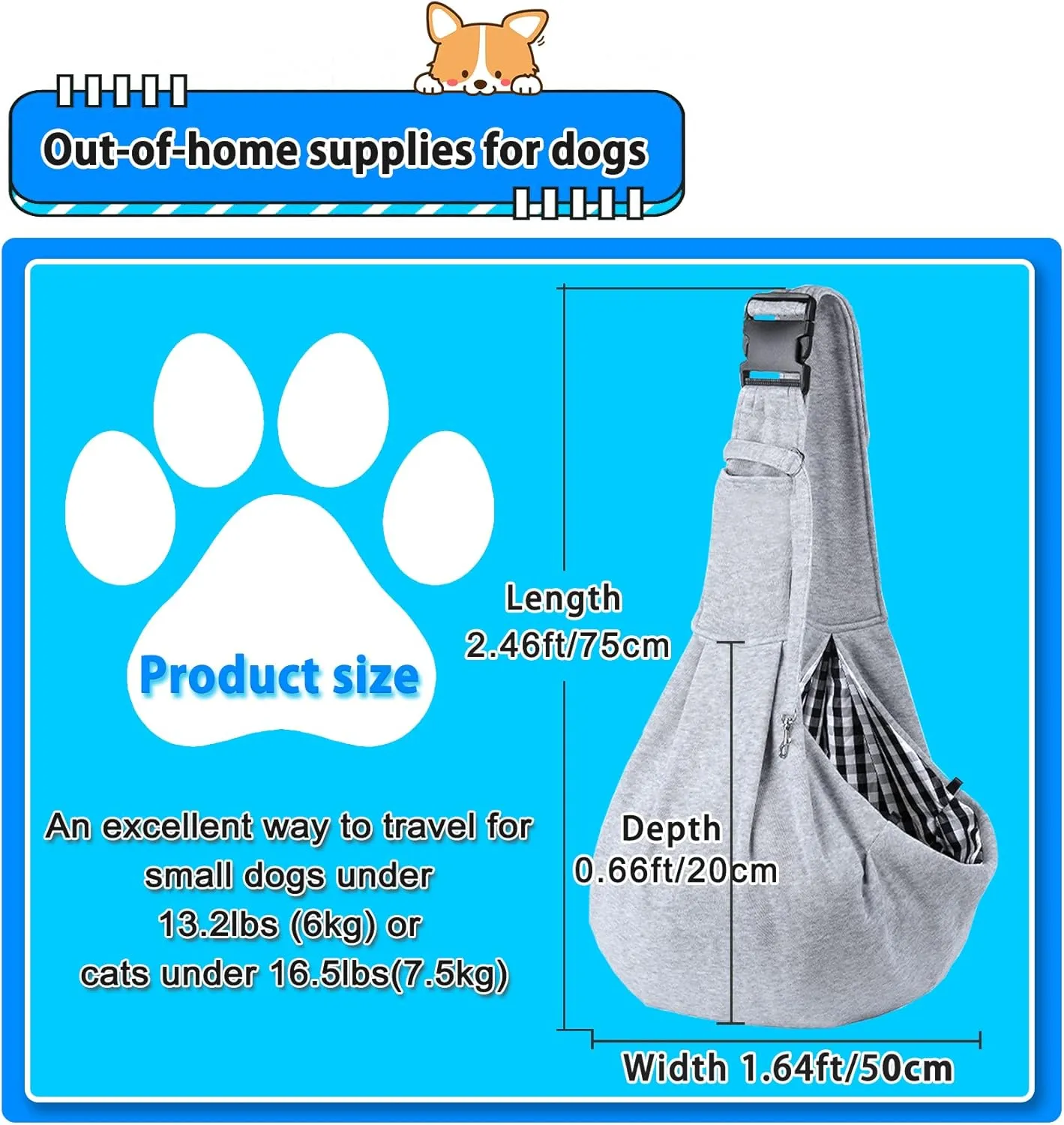 Kanemc Dog Sling Carrier for Small Dogs Cat Puppy Pets Up to 16.5lbs, Comfy Hard Bottom Support, Adjustable Padded Shoulder Strap, Hands-Free Dog Carrier Sling Bag for Outdoor Travel