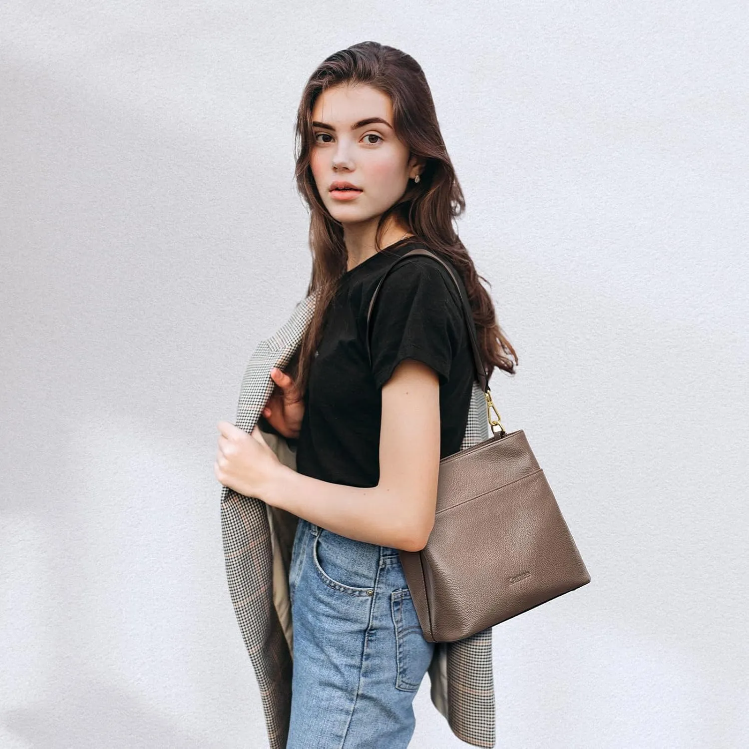 Kattee Leather Handbags for Women, Soft Shoulder Tote Crossbody Purses Bucket Bags with 2 Straps