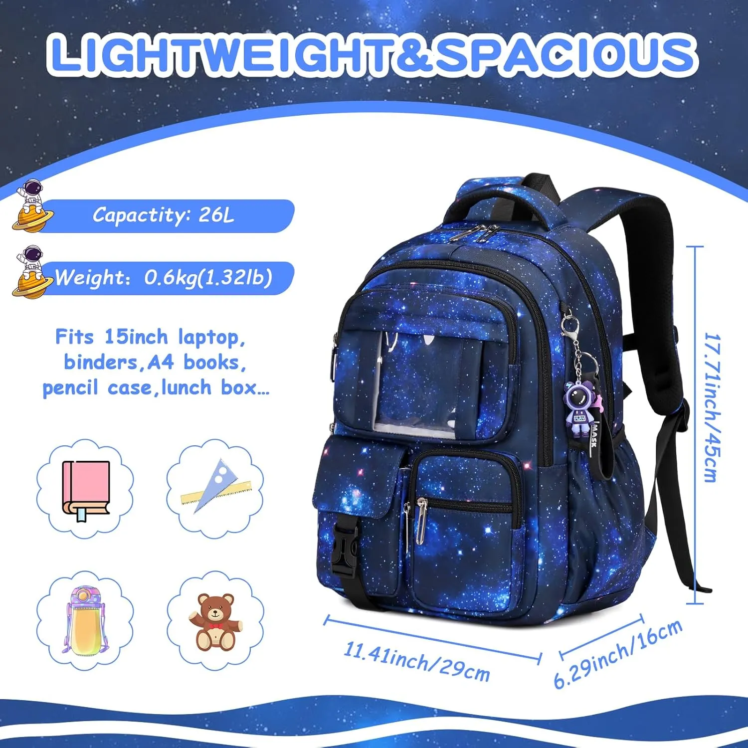 Kids Backpack for Girls & Boys - School Bags for Middle & Elementary School Students - Kawaii Ita Galaxy Astronaut