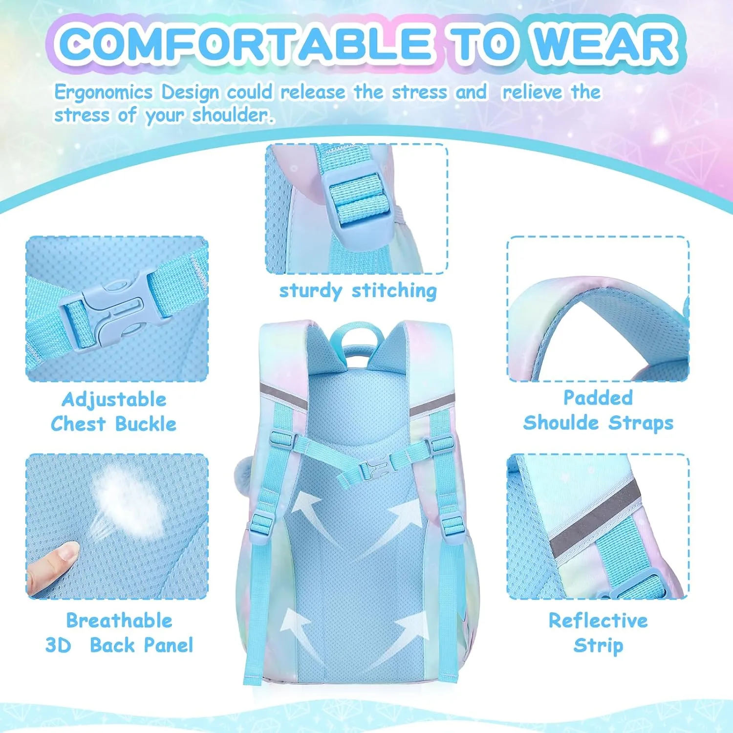 Kids Backpack for Girls - School Bags for Middle School Students - Book Bag for Elementary Primary School - Blue