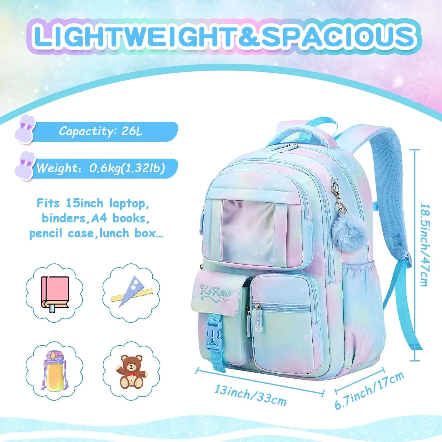 Kids Backpack for Girls - School Bags for Middle School Students - Book Bag for Elementary Primary School - Blue
