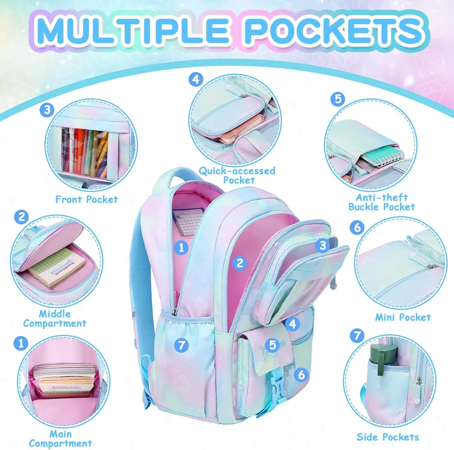 Kids Backpack for Girls - School Bags for Middle School Students - Book Bag for Elementary Primary School - Blue