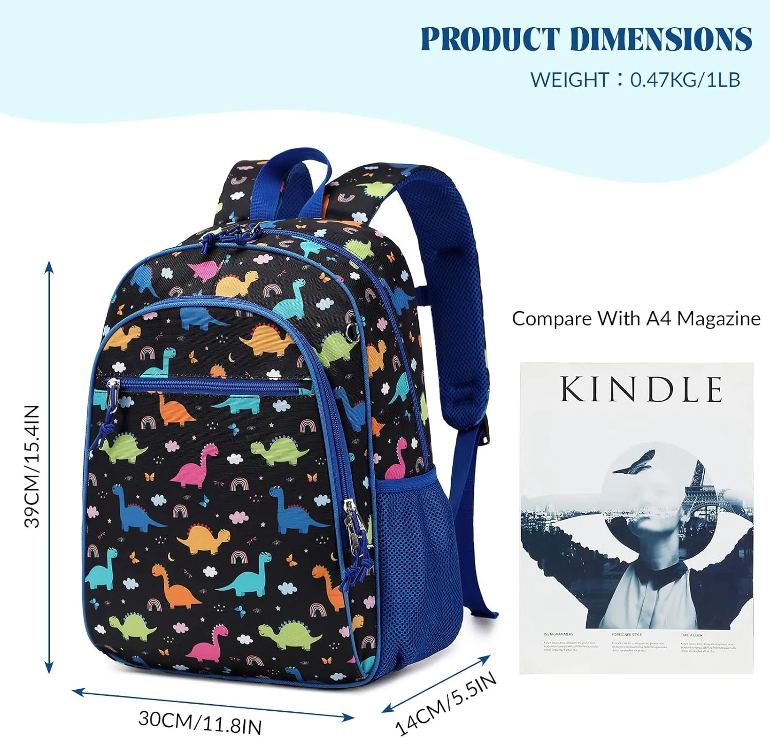 Kids Backpack for Kindergarten Preschool Boys Backpack Kids School Bags Child Lightweight Elementary School Bookbags Cute Gifts Dinosaur Blue Black