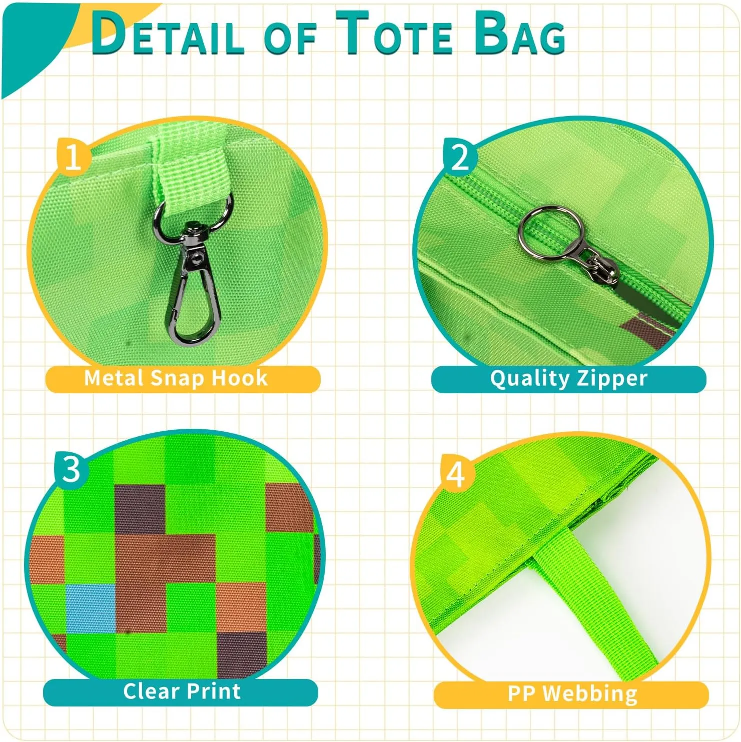 Kids Cute Tote Bags for Boys Girls Ages 4-16,Handbags with Pencil Case, Book Tote Bags with Zipper for School and Playtime (green)