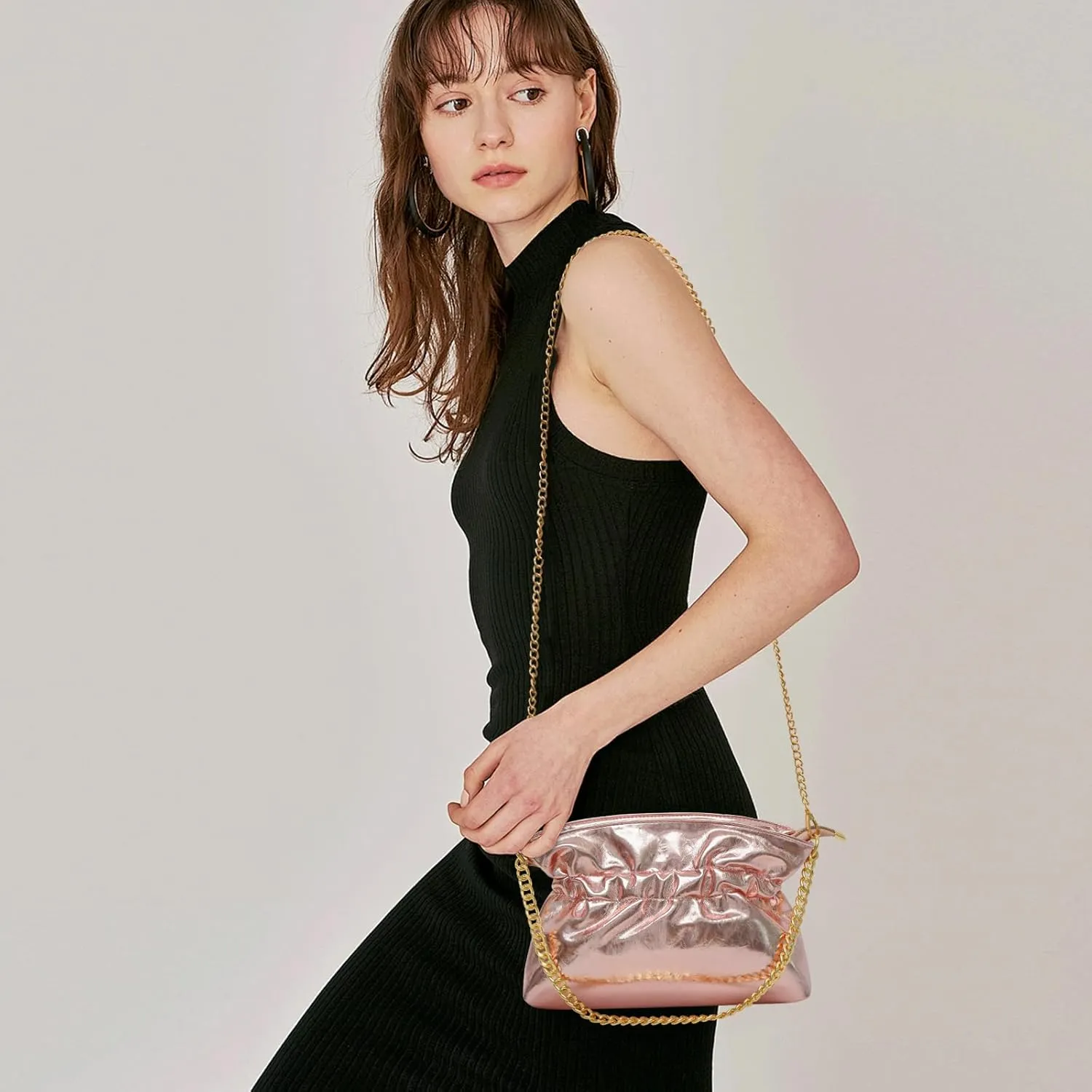 KKXIU Evening Clutch Purses for Women Shiny Metallic Solid Color Crossbody Bag with Chain Strap Elegant Party Wedding Handbag