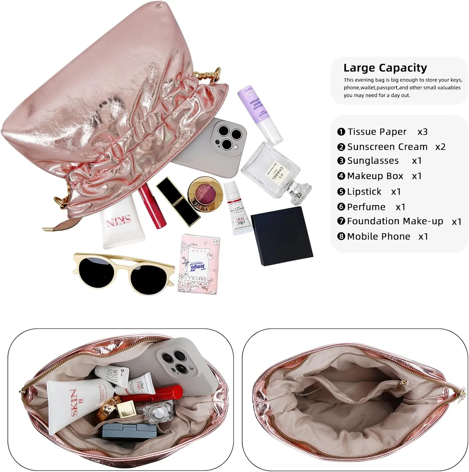 KKXIU Evening Clutch Purses for Women Shiny Metallic Solid Color Crossbody Bag with Chain Strap Elegant Party Wedding Handbag