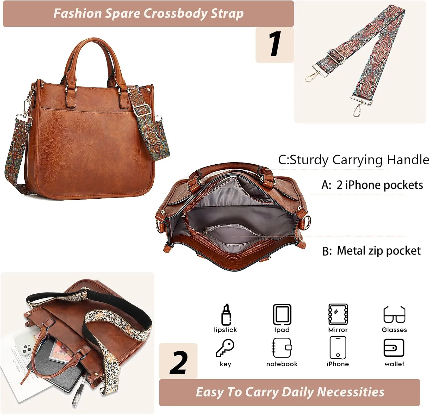 KlaOYer 2 Adjustable Strap Bag,Crossbody Bags Women,Guitar Strap Purse,Vegan Handbags Soft Shoulder Bag For Women