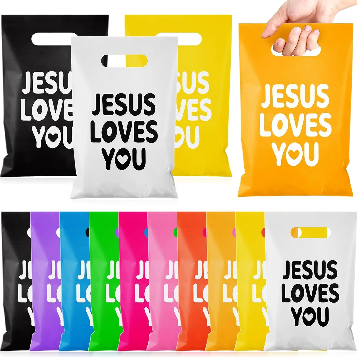 Kolldenn 100 Pieces Easter Christian Gift Bags Bulk JESUS LOVES YOU Religious Baptism Plastic Gift Bags with Handles Colorful Bible Verse Candy for Jesus Birthday Party Sunday School