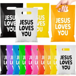 Kolldenn 100 Pieces Easter Christian Gift Bags Bulk JESUS LOVES YOU Religious Baptism Plastic Gift Bags with Handles Colorful Bible Verse Candy for Jesus Birthday Party Sunday School