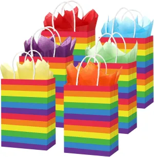Kolldenn 30 Pcs Gay Pride Day Rainbow Paper Gift Bags with Handle 30 Colorful Tissue Paper Colorful Stripes Party Favor Bag for Birthday Parade Festival Lesbian LGBT Awareness Month Party Supplies