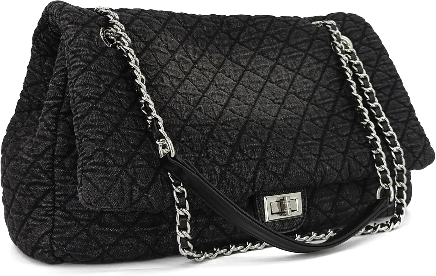 Large Quilted Denim Purse, Oversize Shoulder Bags for Women, Carry-all Crossbody Flap Hobo Tote Bag, Chain Strap Jean Purse