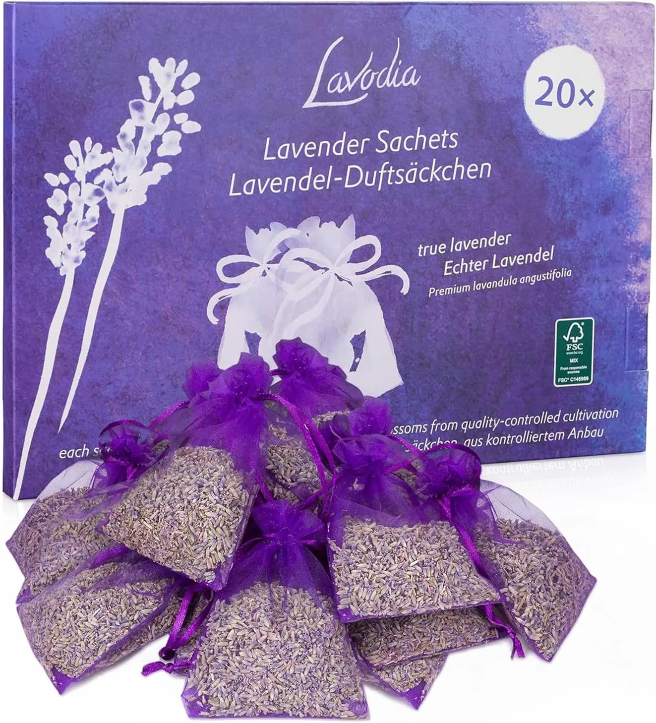Lavender Sachets for Drawers and Closets - Pack of 20 Sachet Bags with Dried Lavender Flowers - Closet Deodorizer Odor Eliminator for Fresh Scented Storage
