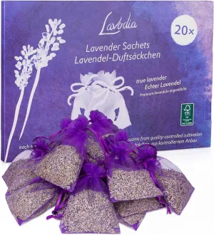 Lavender Sachets for Drawers and Closets - Pack of 20 Sachet Bags with Dried Lavender Flowers - Closet Deodorizer Odor Eliminator for Fresh Scented Storage