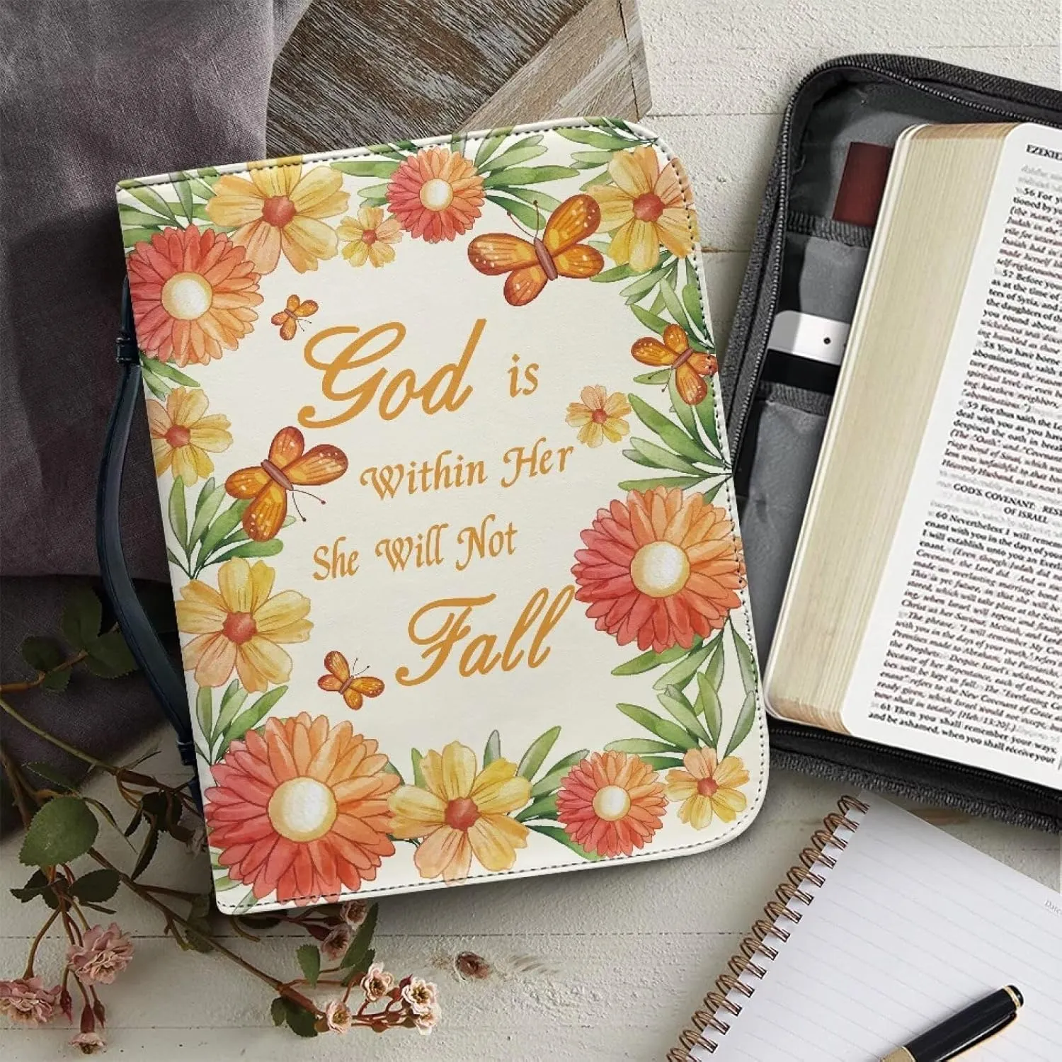 Leather Bible Covers for Women Aesthetic Floral Bible Quotes Bible Carrying Case with Handle