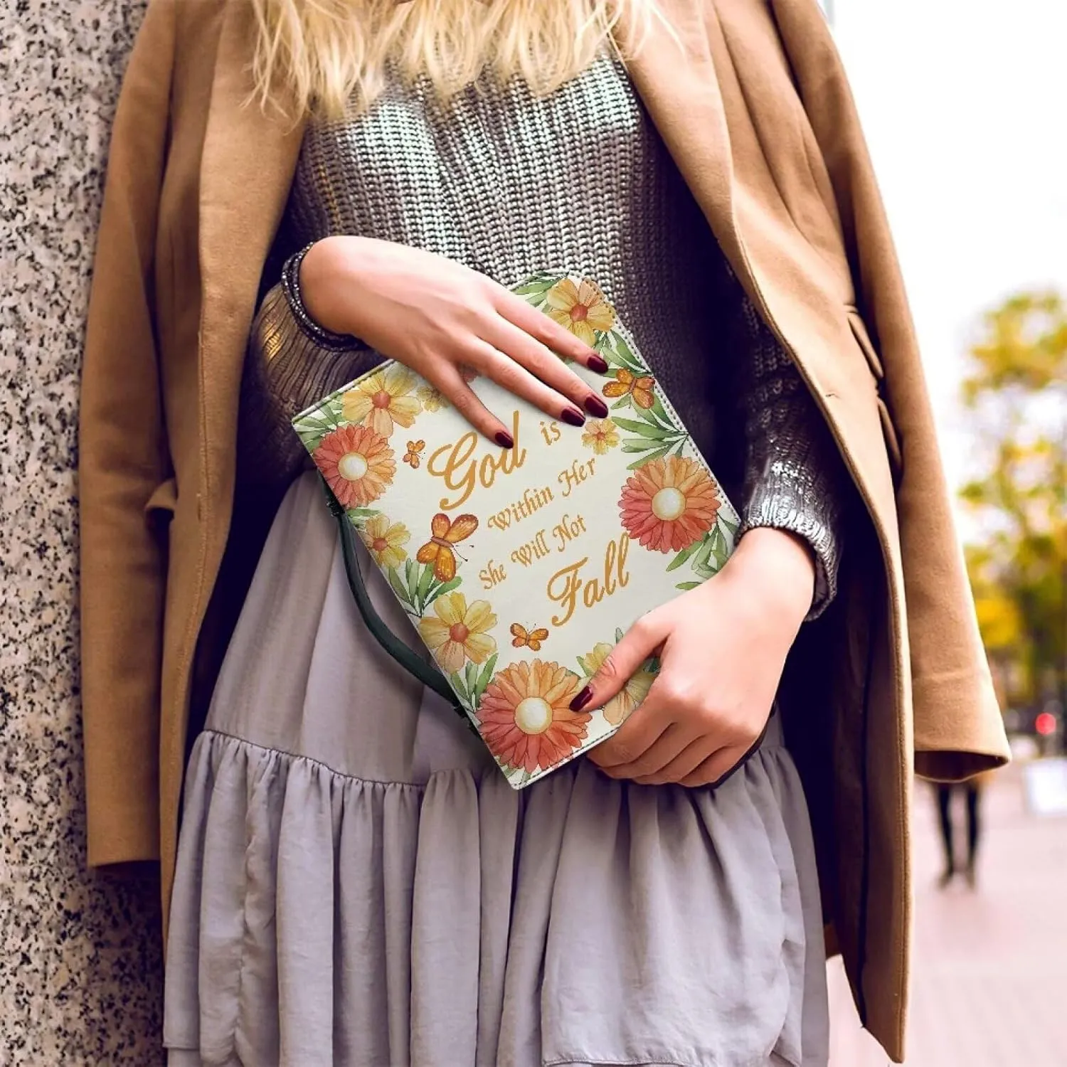 Leather Bible Covers for Women Aesthetic Floral Bible Quotes Bible Carrying Case with Handle
