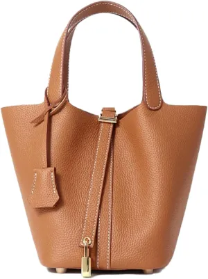 Leather Bucket Bag with Lock Closure, Stylish Shoulder Bag for Everyday Use, Medium Capacity Handbag with Adjustable Strap