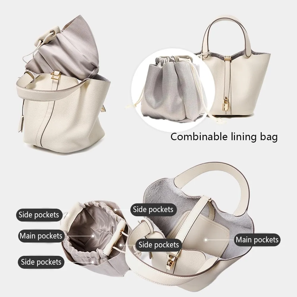 Leather Bucket Bag with Lock Closure, Stylish Shoulder Bag for Everyday Use, Medium Capacity Handbag with Adjustable Strap
