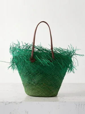 Leather-trimmed frayed ombré straw tote