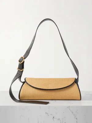 Leather-trimmed raffia shoulder bag