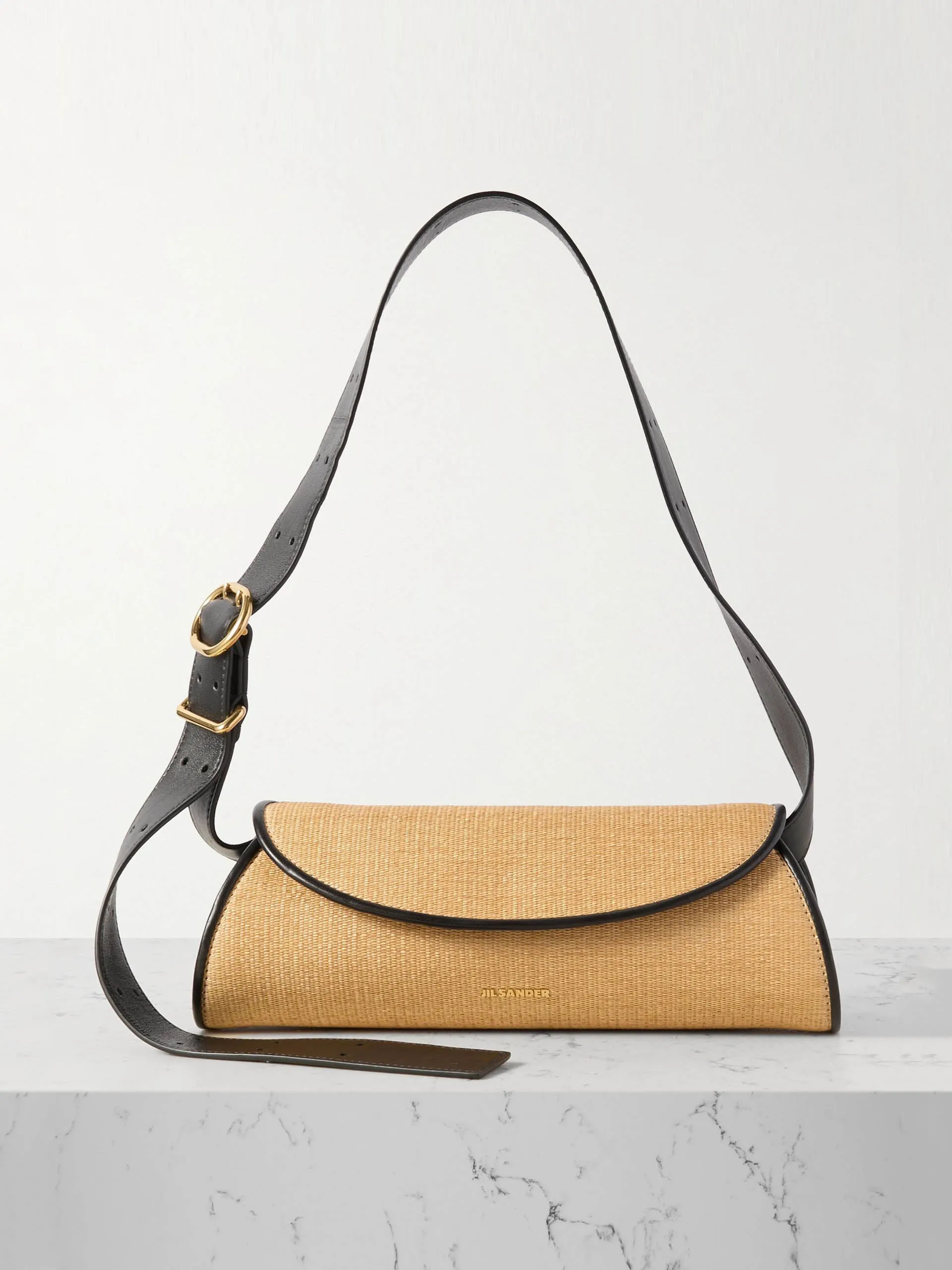 Leather-trimmed raffia shoulder bag