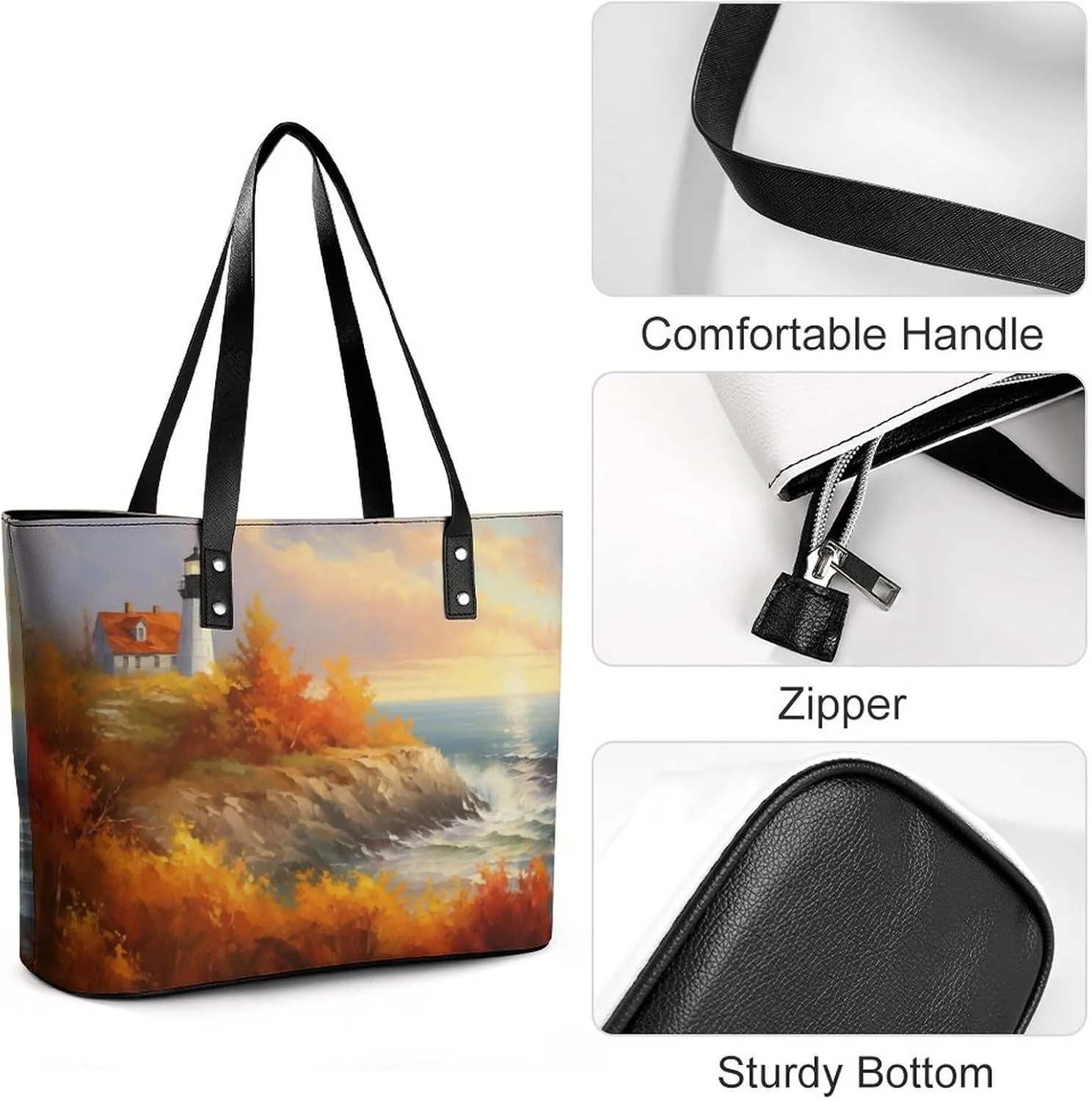 Lighthouse Standing Against Storm Women Soft Leather Handbags Tote Purses Shoulder Bucket Bags
