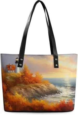 Lighthouse Standing Against Storm Women Soft Leather Handbags Tote Purses Shoulder Bucket Bags