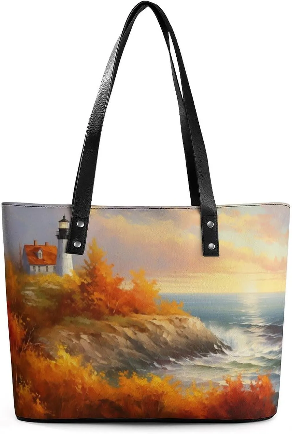 Lighthouse Standing Against Storm Women Soft Leather Handbags Tote Purses Shoulder Bucket Bags