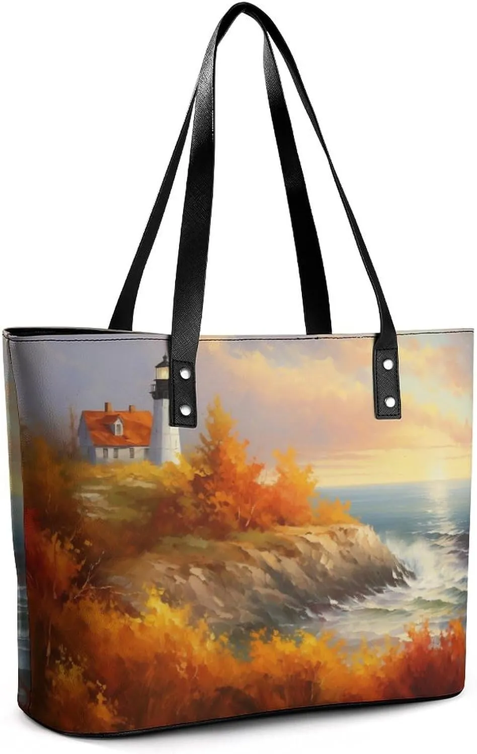 Lighthouse Standing Against Storm Women Soft Leather Handbags Tote Purses Shoulder Bucket Bags