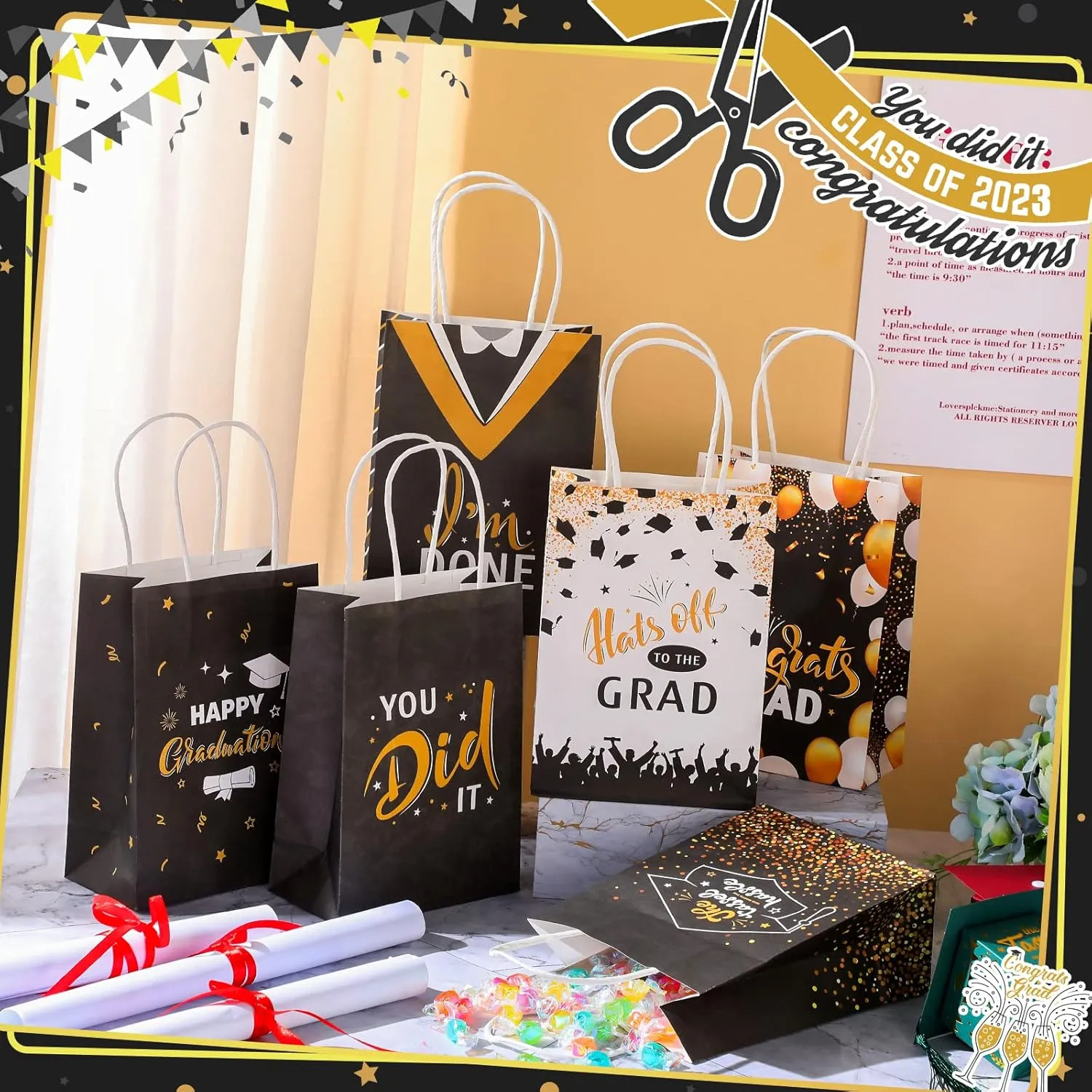 Lincia 24 Pieces 2025 Graduation Gift Bags Graduation Party Gift Bags with Handles 6 Kind of Style for High School, College, Kindergarten, 8th Grade and More(Black Gold)
