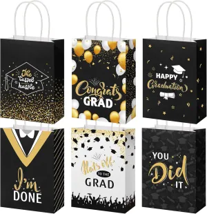 Lincia 24 Pieces 2025 Graduation Gift Bags Graduation Party Gift Bags with Handles 6 Kind of Style for High School, College, Kindergarten, 8th Grade and More(Black Gold)