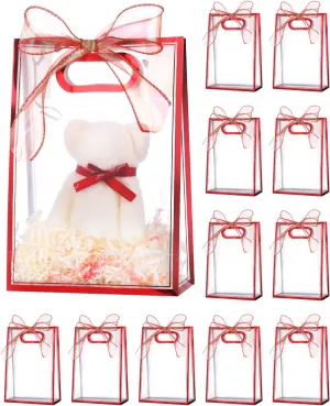 Liobelon 12 Pieces Clear Plastic Gift Bags with Handle Reusable Transparent Gift Bag with Ties PP Gift Wrap Tote Bag with Ribbon for Wedding Bridal Shower Birthday Party 7x10x3.15 Inch (metal red)