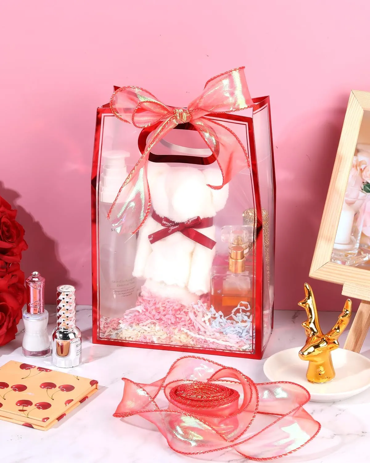Liobelon 12 Pieces Clear Plastic Gift Bags with Handle Reusable Transparent Gift Bag with Ties PP Gift Wrap Tote Bag with Ribbon for Wedding Bridal Shower Birthday Party 7x10x3.15 Inch (metal red)