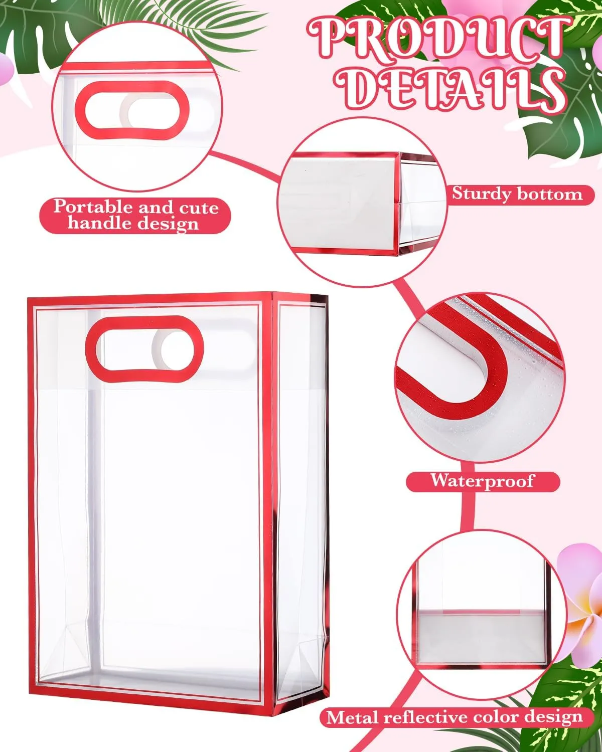 Liobelon 12 Pieces Clear Plastic Gift Bags with Handle Reusable Transparent Gift Bag with Ties PP Gift Wrap Tote Bag with Ribbon for Wedding Bridal Shower Birthday Party 7x10x3.15 Inch (metal red)