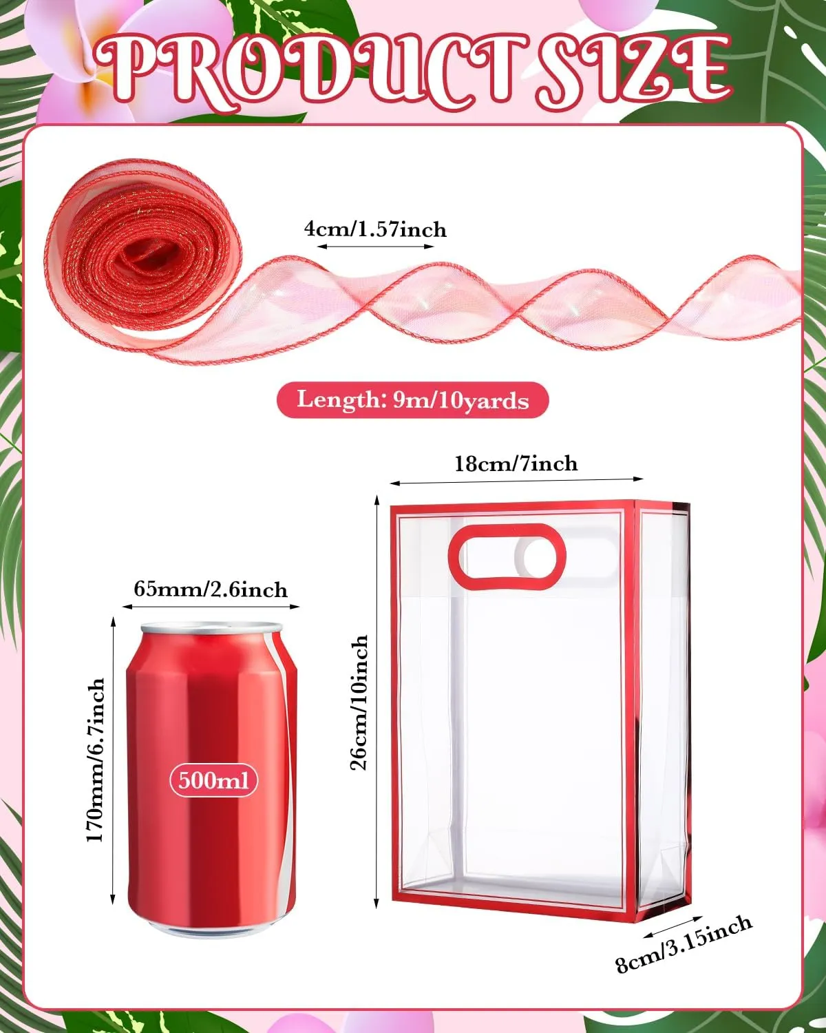 Liobelon 12 Pieces Clear Plastic Gift Bags with Handle Reusable Transparent Gift Bag with Ties PP Gift Wrap Tote Bag with Ribbon for Wedding Bridal Shower Birthday Party 7x10x3.15 Inch (metal red)