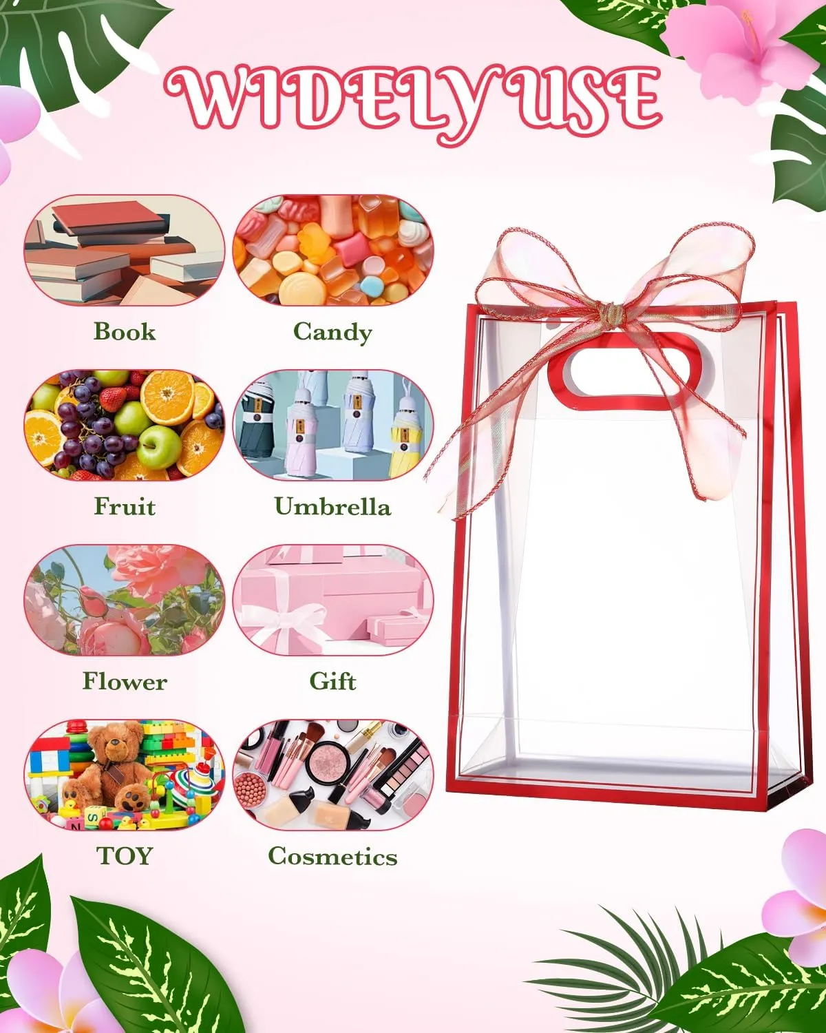 Liobelon 12 Pieces Clear Plastic Gift Bags with Handle Reusable Transparent Gift Bag with Ties PP Gift Wrap Tote Bag with Ribbon for Wedding Bridal Shower Birthday Party 7x10x3.15 Inch (metal red)
