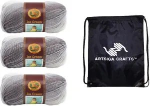 Lion Brand Ice Cream Cookies & Cream 923-200 (3-Skeins - Same Dye Lot) Baby Sport #2 Acrylic Yarn for Crocheting and Knitting with Project Bag