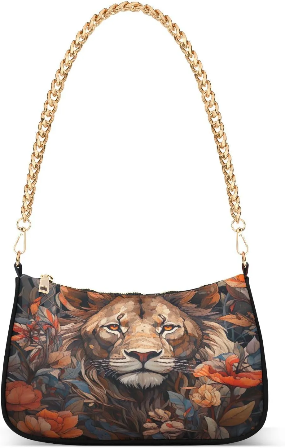 Lion Flower Shoulder Bag for Women, Handbag with Chain Strap, Soft Purse Tote Bag for Ladies