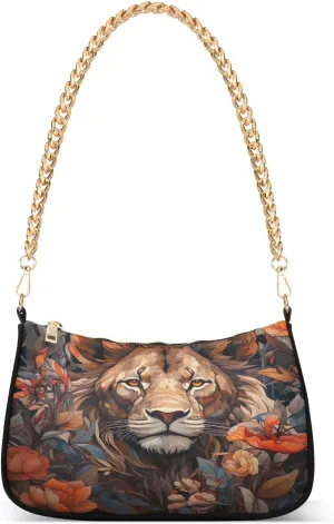 Lion Flower Shoulder Bag for Women, Handbag with Chain Strap, Soft Purse Tote Bag for Ladies