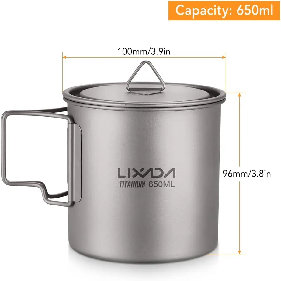 Lixada Titanium Pot, Lightweight Camping Pot Titanium Cup Titanium Backpacking Pot with Portable Foldable Handles for Outdoor Camping Hiking Backpacking