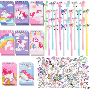 LiYiQ 148 Pcs Unicorn Party Favors - Mini Spiral Notepads, Pens, Stickers Set for Birthday Party, Classroom Rewards