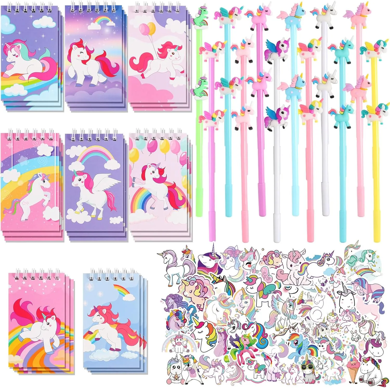 LiYiQ 148 Pcs Unicorn Party Favors - Mini Spiral Notepads, Pens, Stickers Set for Birthday Party, Classroom Rewards