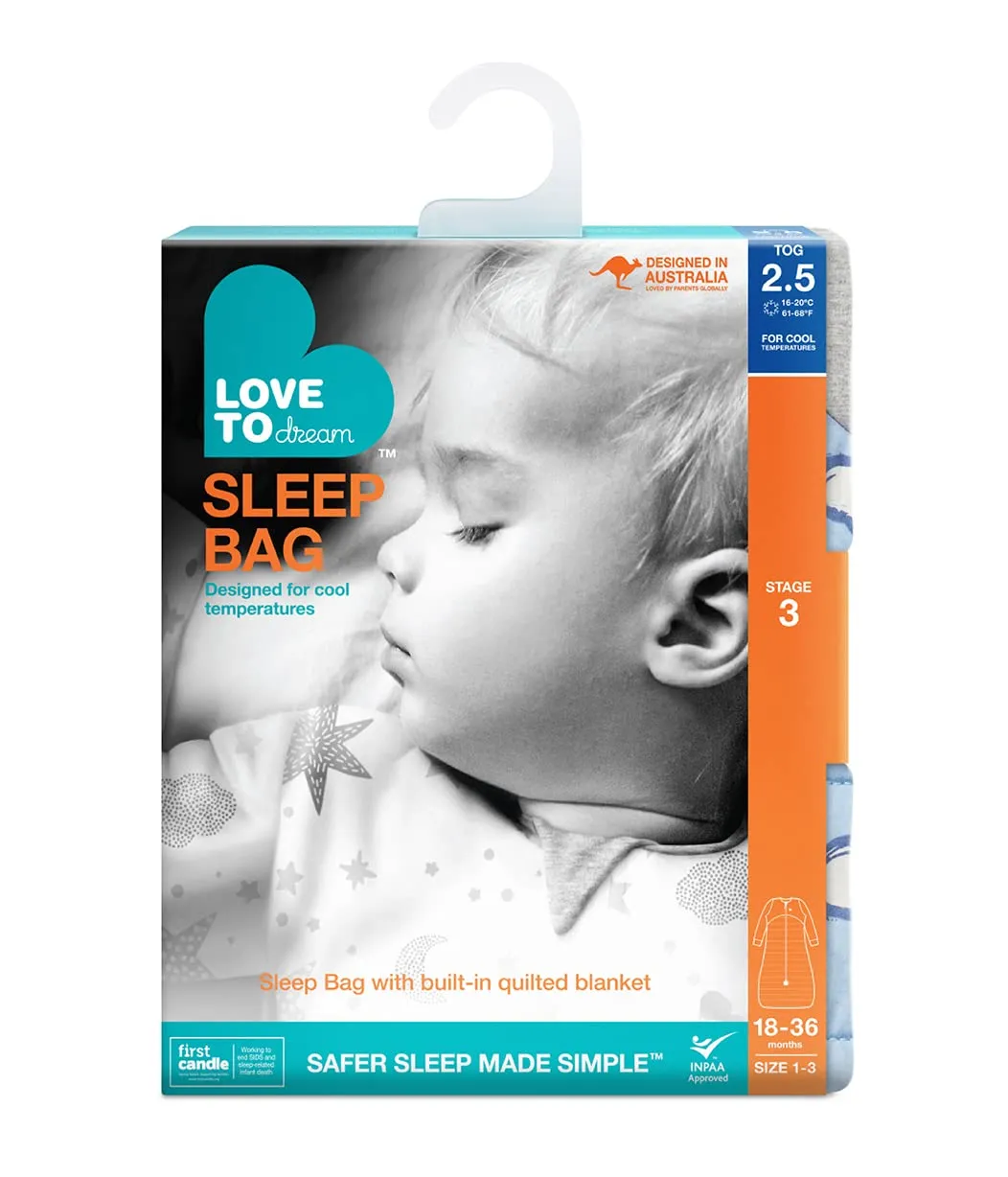 Love to Dream Warm Toddler Sleep Bag (18-36 Mo), Super Soft Temp Regulating Sleeping Sack, 2.5TOG Warm Wearable Blanket, Blue