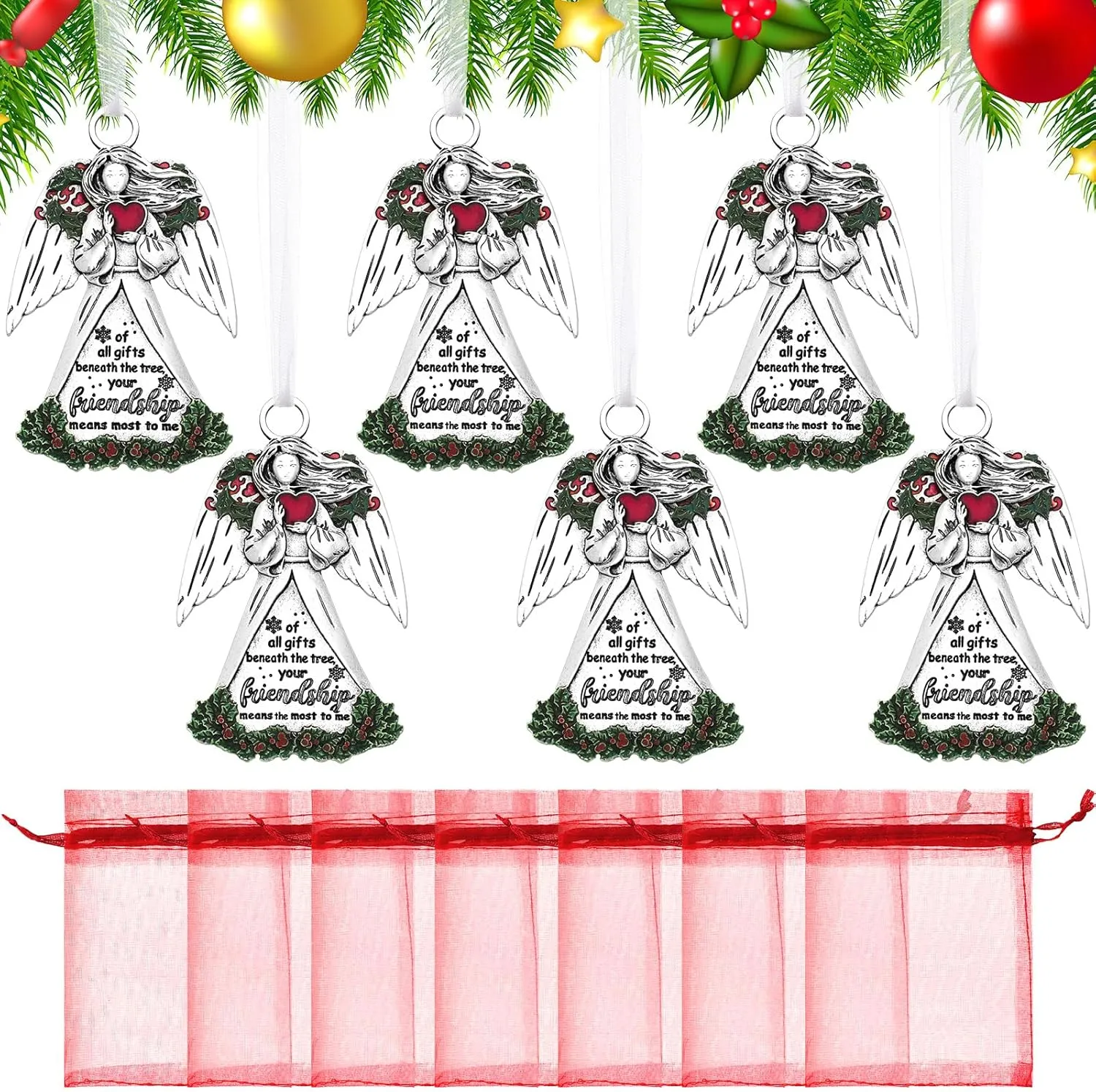Lyrow 6 Pcs Christmas Friendship Gifts Angel Inspirational Charms Gifts Your Friendship Means The Most to Me Ornaments with Red Festive Bags for Christmas Tree Jewelry Making Decor Women
