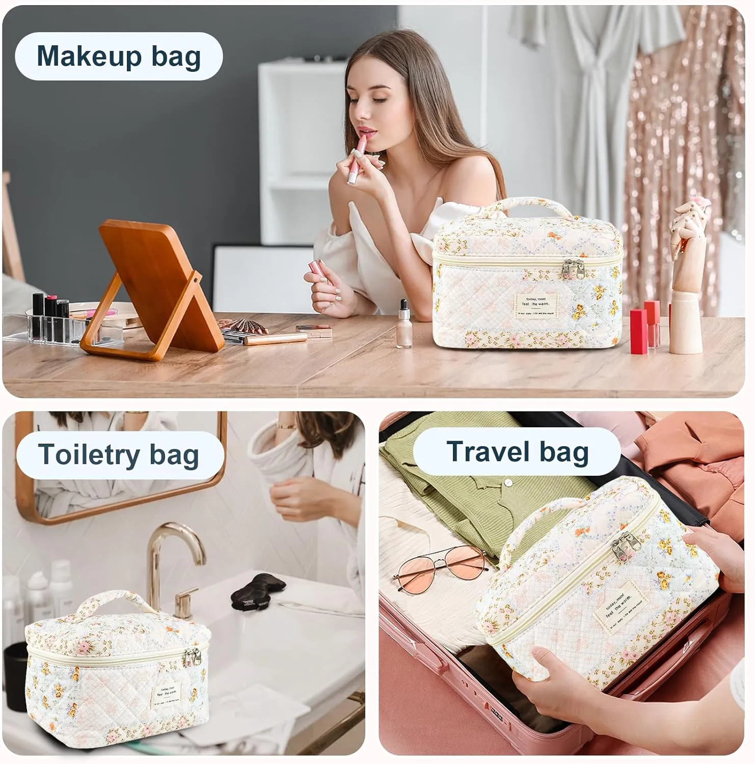 Makeup Bag, Floral Quilted Cosmetic Bag, Large Travel Aesthetic Make up Bag, Cute Coquette Toiletry Bag for Women Girls