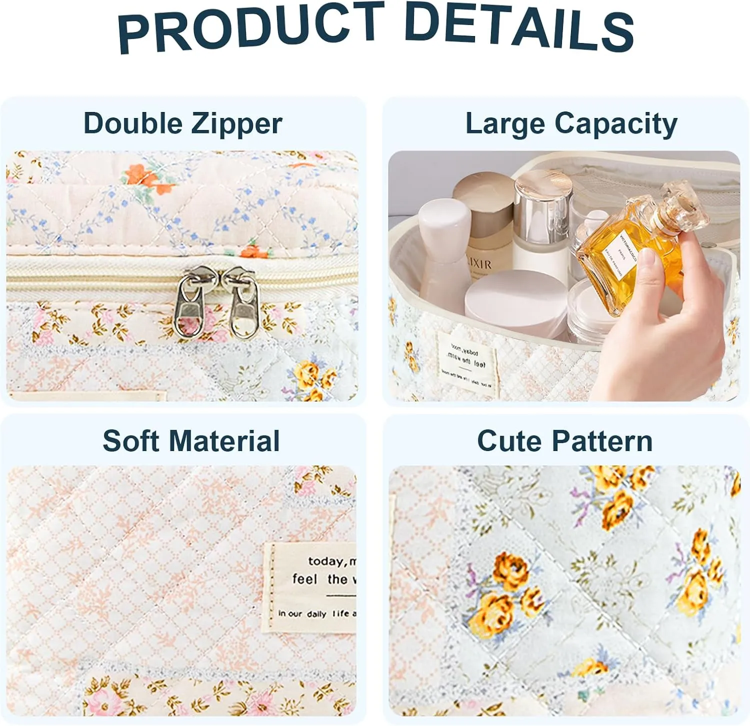 Makeup Bag, Floral Quilted Cosmetic Bag, Large Travel Aesthetic Make up Bag, Cute Coquette Toiletry Bag for Women Girls