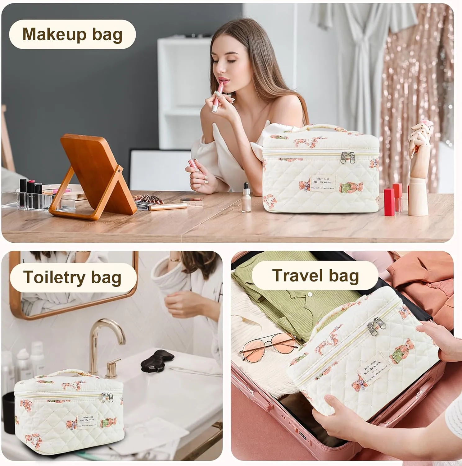 Makeup Bag, Floral Quilted Cosmetic Bag, Large Travel Aesthetic Make up Bag, Cute Coquette Toiletry Bag for Women Girls