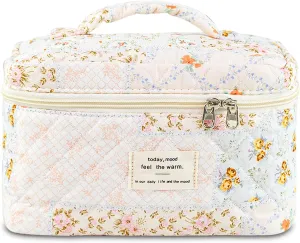 Makeup Bag, Floral Quilted Cosmetic Bag, Large Travel Aesthetic Make up Bag, Cute Coquette Toiletry Bag for Women Girls