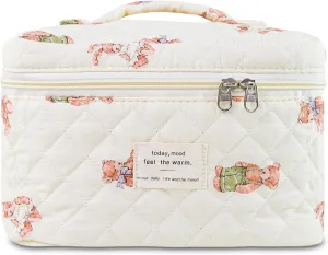 Makeup Bag, Floral Quilted Cosmetic Bag, Large Travel Aesthetic Make up Bag, Cute Coquette Toiletry Bag for Women Girls