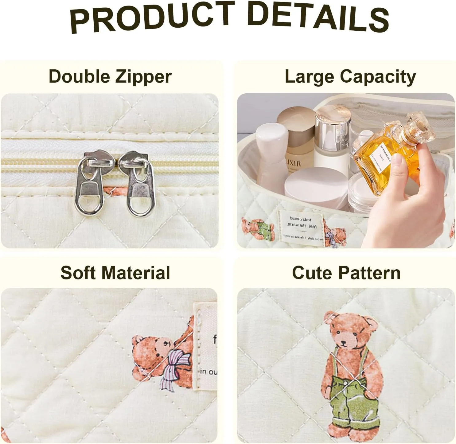 Makeup Bag, Floral Quilted Cosmetic Bag, Large Travel Aesthetic Make up Bag, Cute Coquette Toiletry Bag for Women Girls